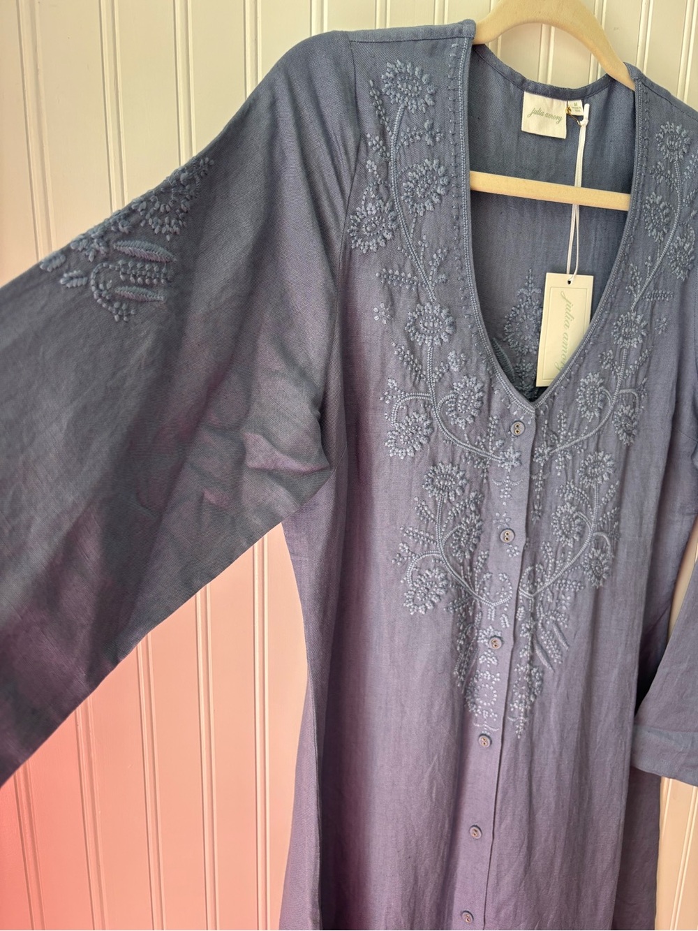 Embroidered Button-Front Maxi Dress in Dusty Blue - Picture 3 of 7